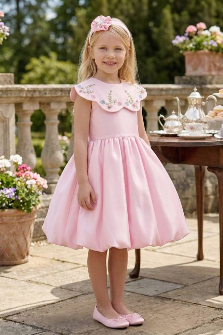 Girls Dress Satan Removable Floral Collar