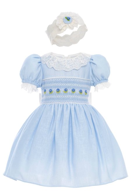 Hand-Smocked Linen Dress with Lace Collar