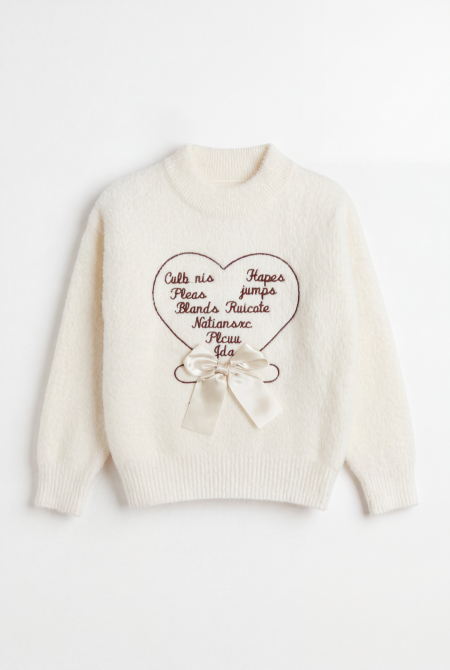 Fluffy Heart Bow Knit Sweater
