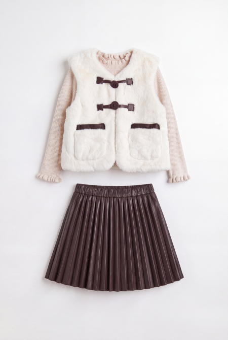 Faux Fur Vest & Pleated Leather-Look Skirt Set