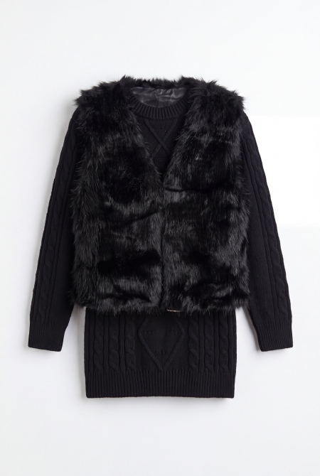 Cable Knit Dress & Faux Fur Vest