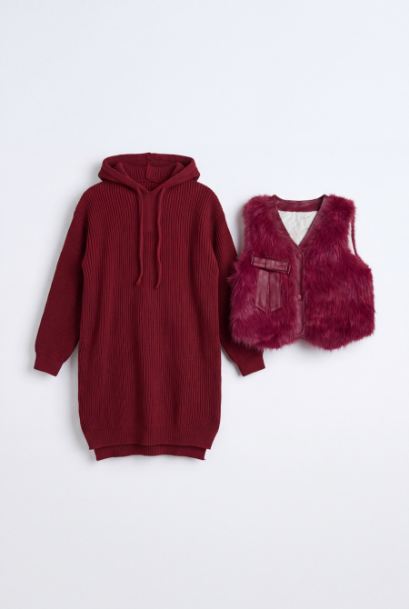Ribbed Knit Hoodie Dress & Faux Fur Vest