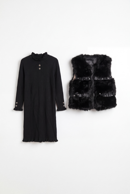 Ribbed Knit Dress & Luxury Faux Fur Vest