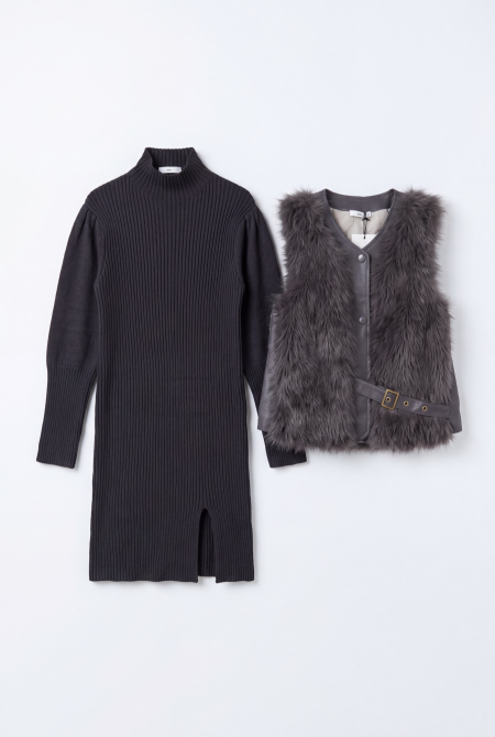 High Neck Ribbed Knit Dress & Faux Fur Vest