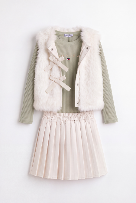 Faux Fur Bow Vest & Pleated Skirt Set