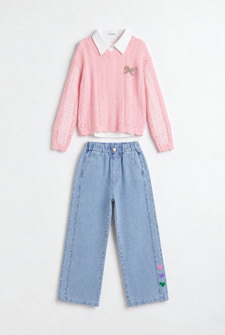Knitted Sweater & Wide Leg Jeans Set