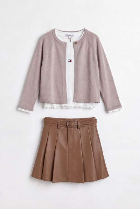 Elegant Cardigan & Pleated Skirt Set – 3 Pieces